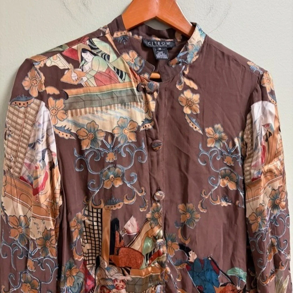 Citron Santa Monica Silk Rayon Button Top M Brown Artsy Lagenlook Boho *flaw - Picture 3 of 16
